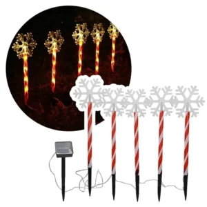 Pack de 5 Estacas Solares LED para Jardín – Decoración Navideña Exterior, Luces Automáticas para Camino y Patio – Copo de Nieve