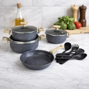 Batería de Cocina HotChef de Hierro Fundido 13 Piezas con Sartén y Utensilios de Nylon - Grafito