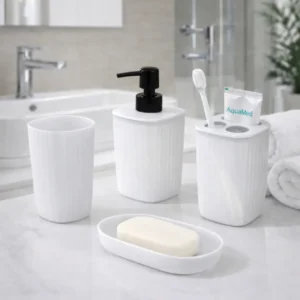 Set de Baño 4 Piezas | Dispensador, Vasos y Jabonera | Diseño Moderno - Blanco