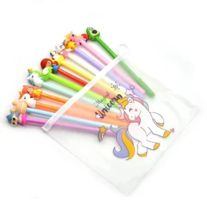 Set de Lapiceros Kawaii 10 Unidades con Diseños Surtidos + Estuche Transparente de Unicornio | Tinta Azul