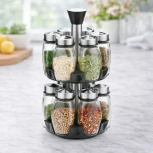 Especiero Giratorio 360° de 2 Niveles con 12 Frascos de Vidrio | Organizador de Cocina - Plateado