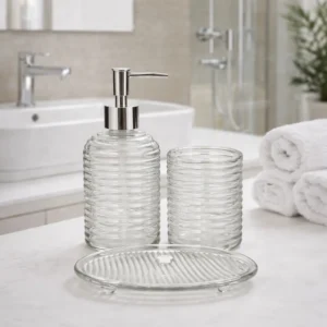 Set de Accesorios para Baño Happy Life Starting Now 3 Piezas | Dispensador, Vaso y Plato Decorativos