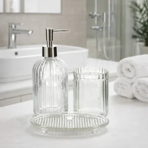 Set de Accesorios para Baño Transparente 3 Unidades – Dispensador 450 ml, Vaso 350 ml y Plato 9,5 x 15 cm