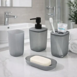 Set de  Baño 4 Piezas | Dispensador, Vasos y Jabonera | Diseño Moderno - Gris