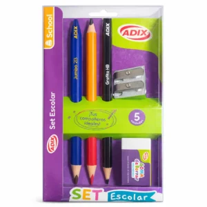 Set Escolar 5 Piezas | Lápiz Jumbo 2B, Lápiz Bicolor, Grafito HB, Sacapunta y Goma