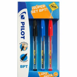 Lápiz Pasta Pilot Super Set BPT 1.0 – Set 3 Colores Negro Rojo y Azul, Punta de Acero, +1 km de Escritura